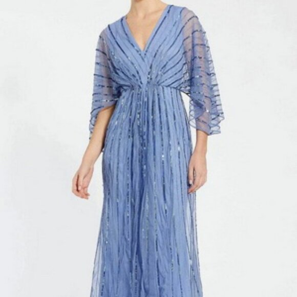 Mac Duggal Periwinkle Blue Beaded Kimono Sleeve A Line Midi Dress - Picture 1 of 6